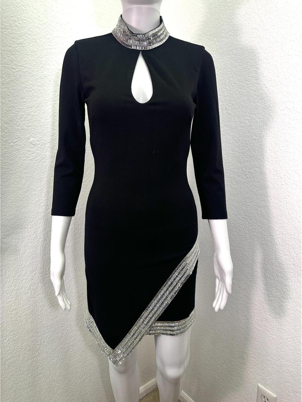 Bebe XS Black Bodycon Mini Dress Rhinestones Clubwear Y2K Mobwife Cocktail Dance